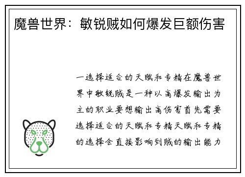 魔兽世界：敏锐贼如何爆发巨额伤害